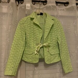 Gently Preowned Lime Green Eyelit Lace Lined Tie Jacket Women’s Size 4